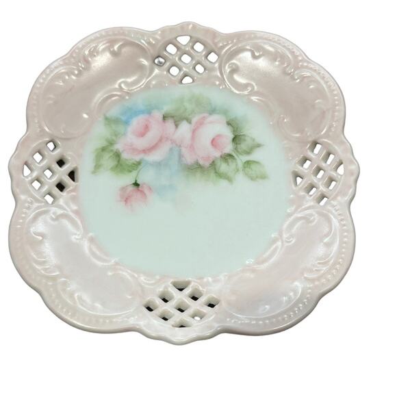 Vintage Pink and White Porcelain Small Trinket Dish with Pink Roses - Picture 2 of 3